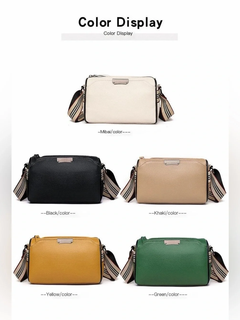 Off White Genuine Leather Crossbody Bag with Striped Strap